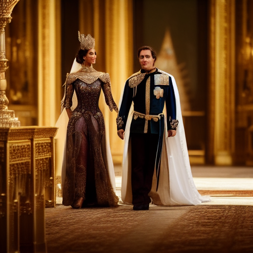 Lancelot and Guinevere, dressed in regal attire, stride confidently through opulent halls, surrounded by curious onlookers, their eyes filled with determination and grace, as they navigate the delicate realm of politics to secure a future where their love can flourish.